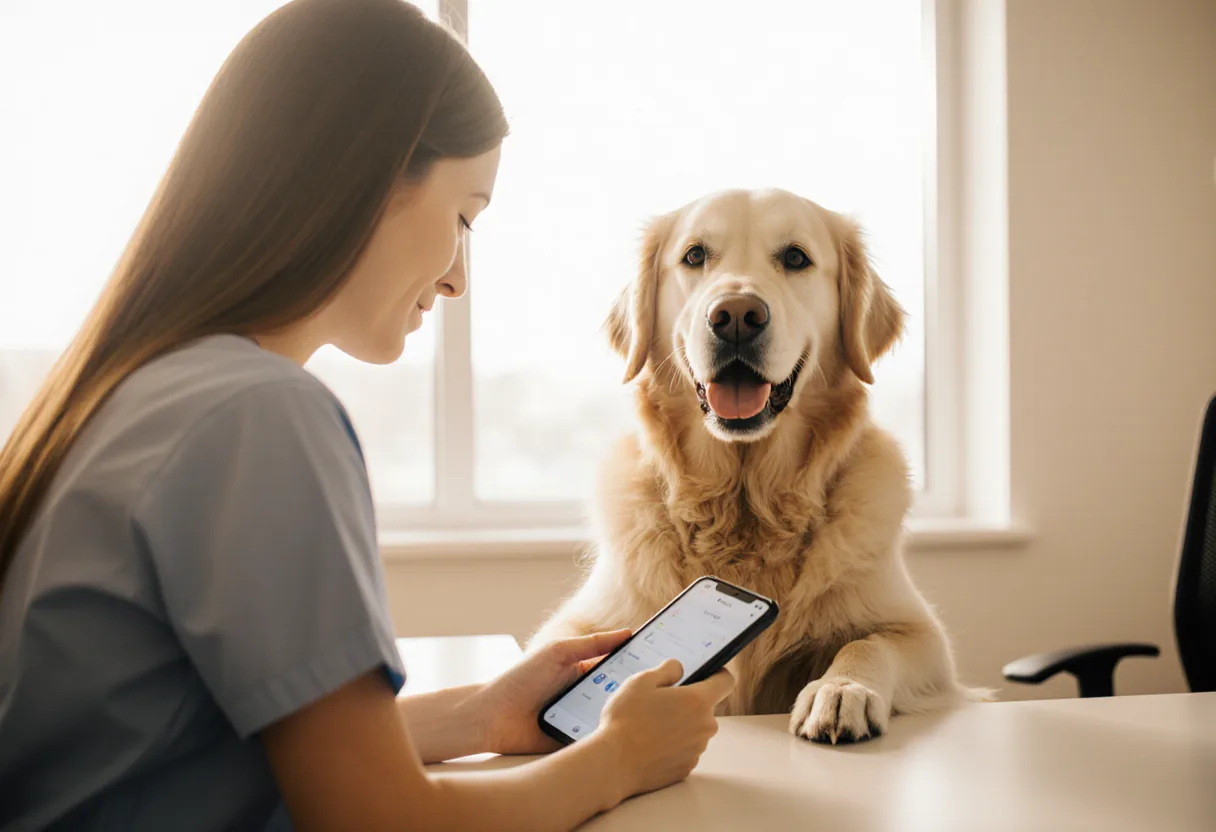 Tutora mostrando la ficha de su perro a un veterinario