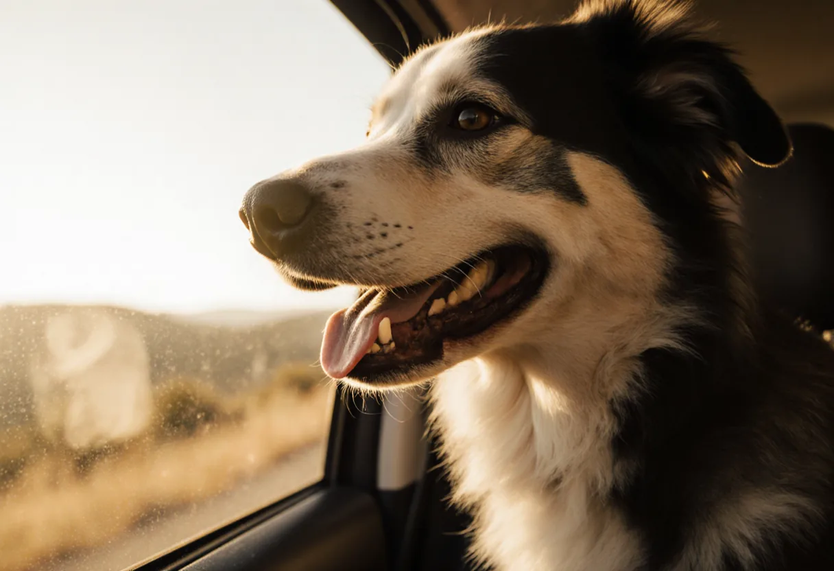 Perro asomado a la ventana del auto bajo la luz de la tarde