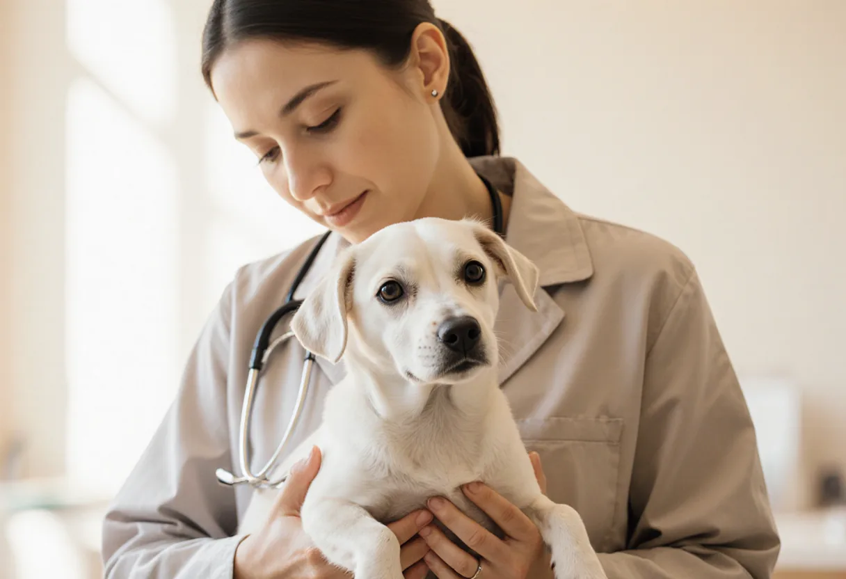 Veterinaria sosteniendo con cuidado a un perro en la clínica
